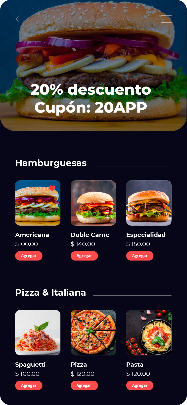 Captura de la app App Comida en el móvil